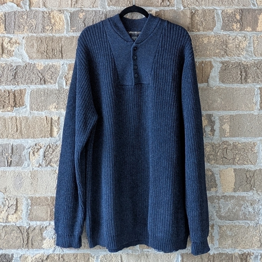 Vintage 90s Eddie Bauer Navy Blue Shaker Stitch Henley Sweater Size XL TALL